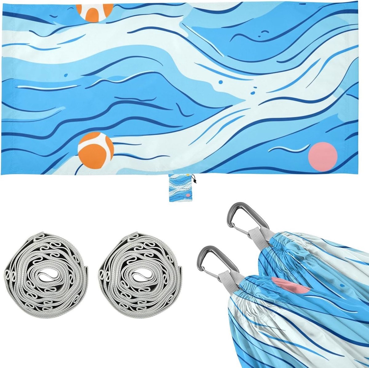 Hangmat - Touw hangmat Stoffen hangmat - Outdoor ontspanning - Met opbergvakken - 290 x 138 cm - Blauw met ballen