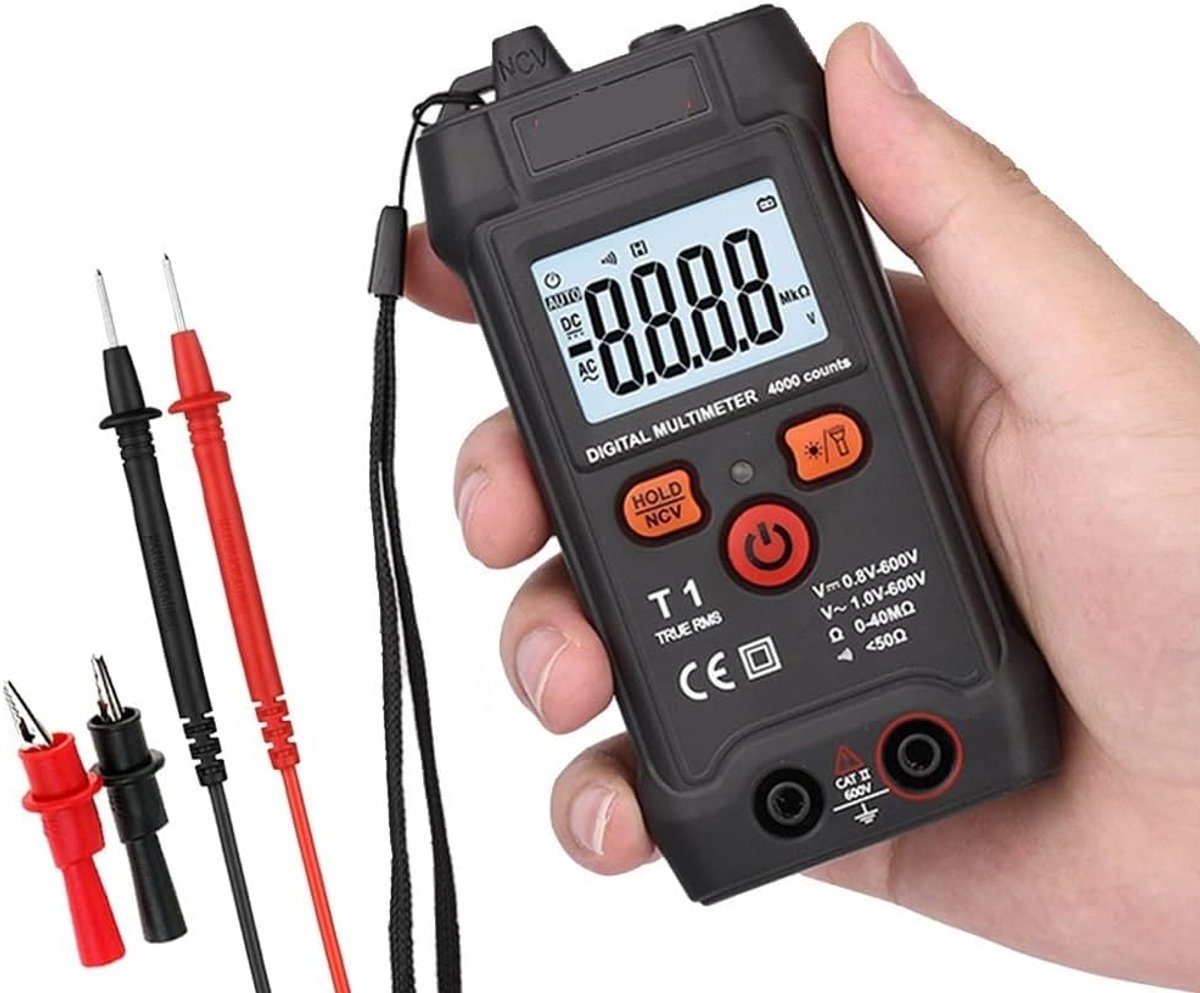 Batterijtester Multimeter - Spanningstester Meter - Auto Accu Controleren - True RMS NCV - 600V AC DC - Zwart
