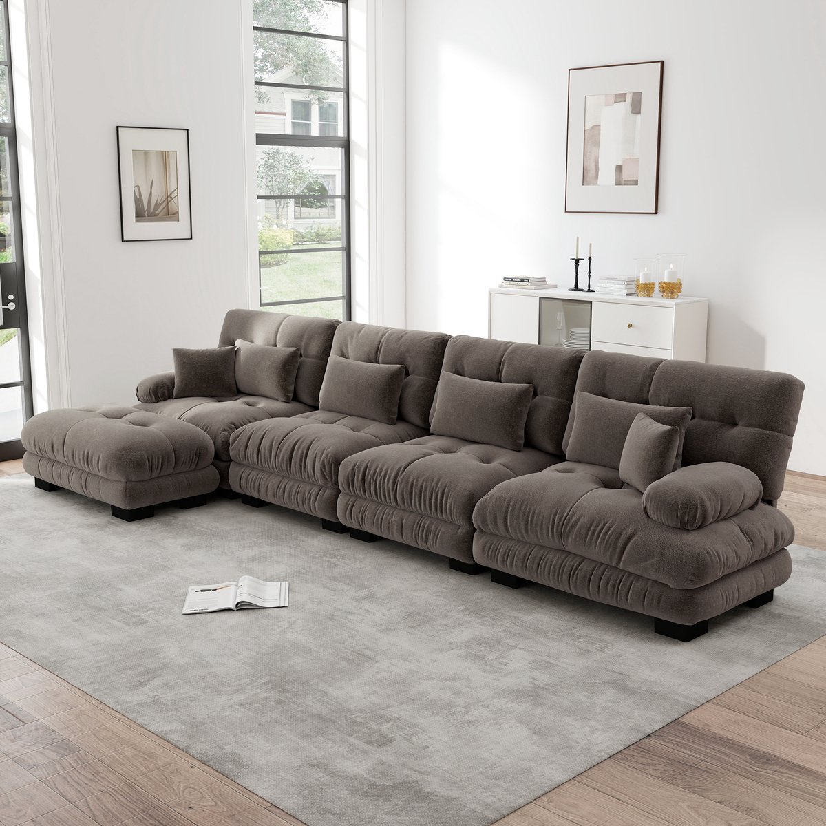 DESMIU Hoekbank 406 x 145 x 81 cm - Modulaire 4-Zits Met Verplaatsbare Ottoman En Wolkzach