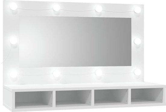 Witte spiegelkast met ingebouwde LED-lampjes rondom de spiegel en vier open vakken eronder.