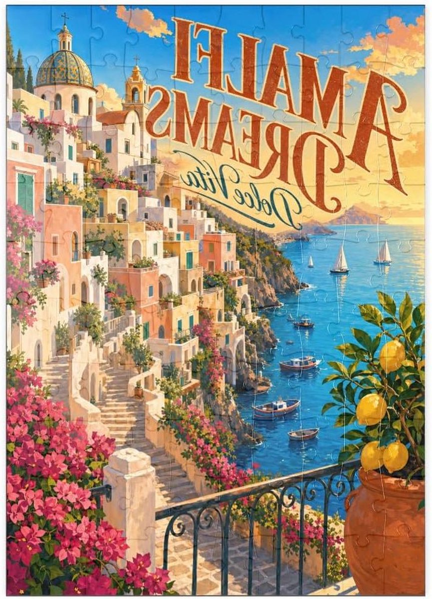 Romantiek Zonsondergang Puzzel - Kust Puzzel Amalfi Puzzel - Ontspanning Thuis - Hoge Resolutie Print - 100 Stukjes - Multicolor
