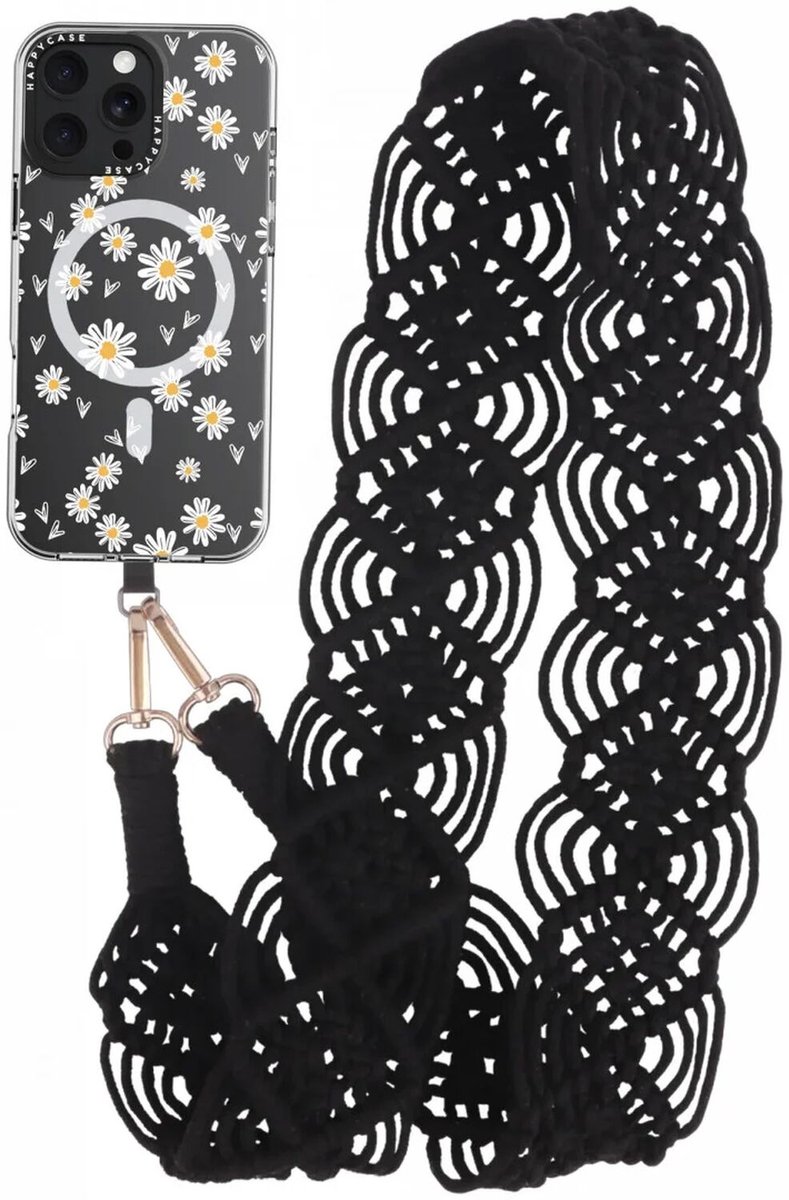 HappyCase Ibiza Universeel Stoffen Crossbody Telefoonkoord (120CM) Zwart