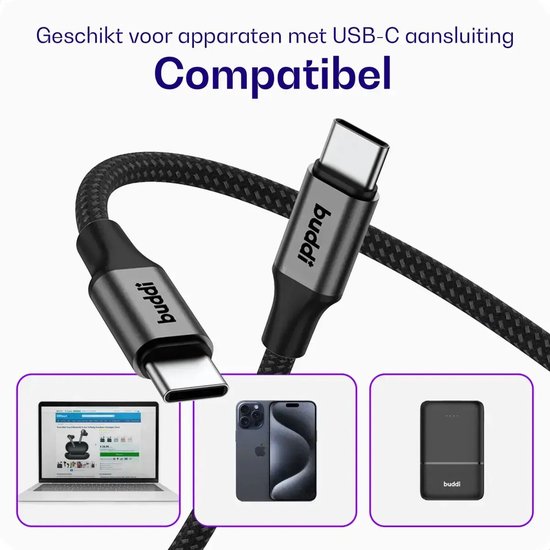 Zwarte gevlochten USB-C kabel, compatibel met laptop, telefoon en powerbank.