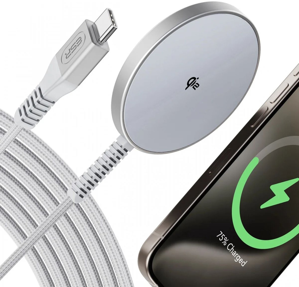 ESR HaloLock Mini Qi2 Draadloze Oplader - 15W Magnetische Draadloze Oplader - Compatibel met MagSafe - 1.5M Kabel - Zilver