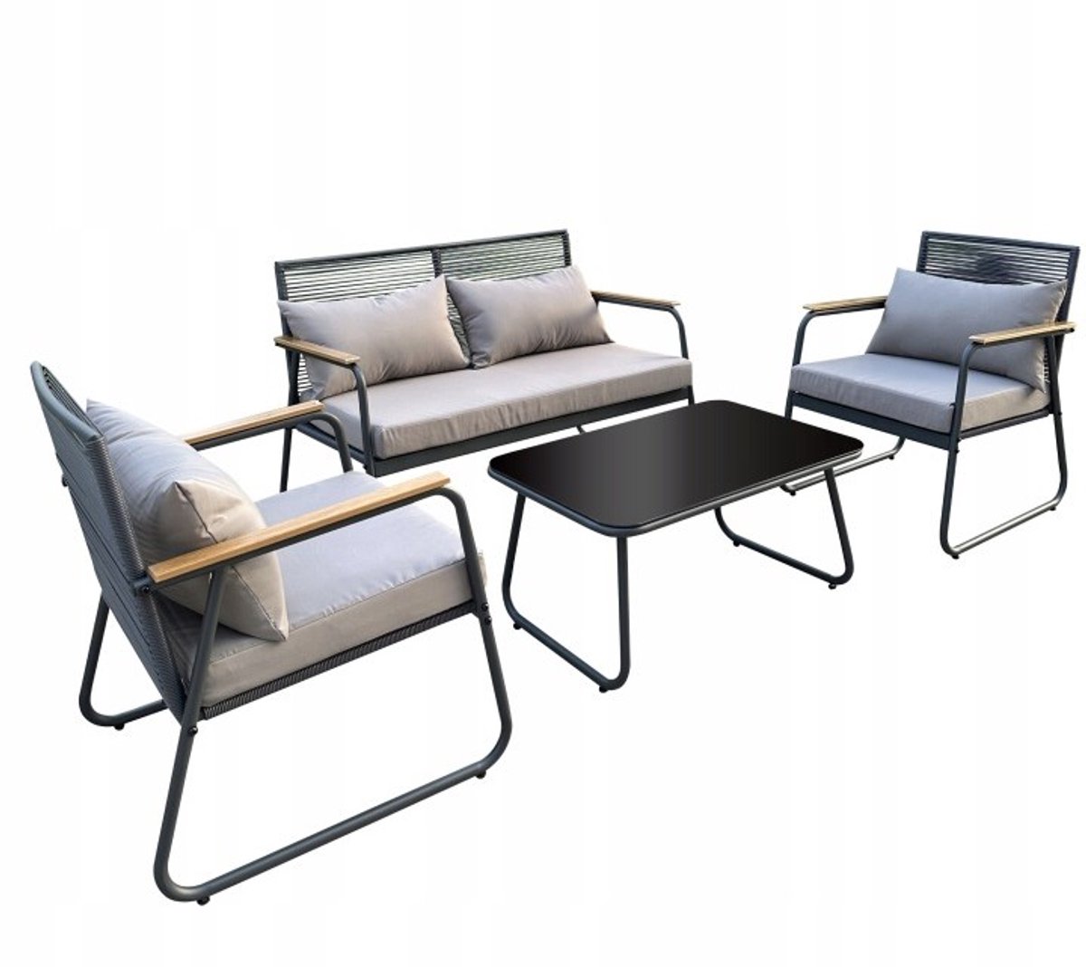 Jumi - Tuinmeubelset - Zwarte Sofa met 2 Stoelen en Tafel - Industrieel Design