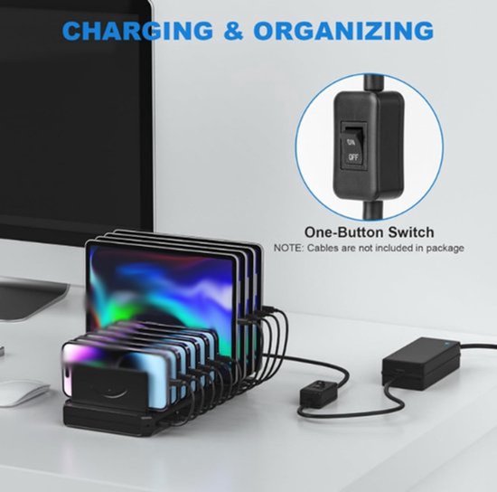 Bureaustandaard met 10 standen, inclusief USB-oplader met meerdere poorten en universele standaard voor tablets en telefoons met TYPE-C-aansluiting. — afbeelding 4