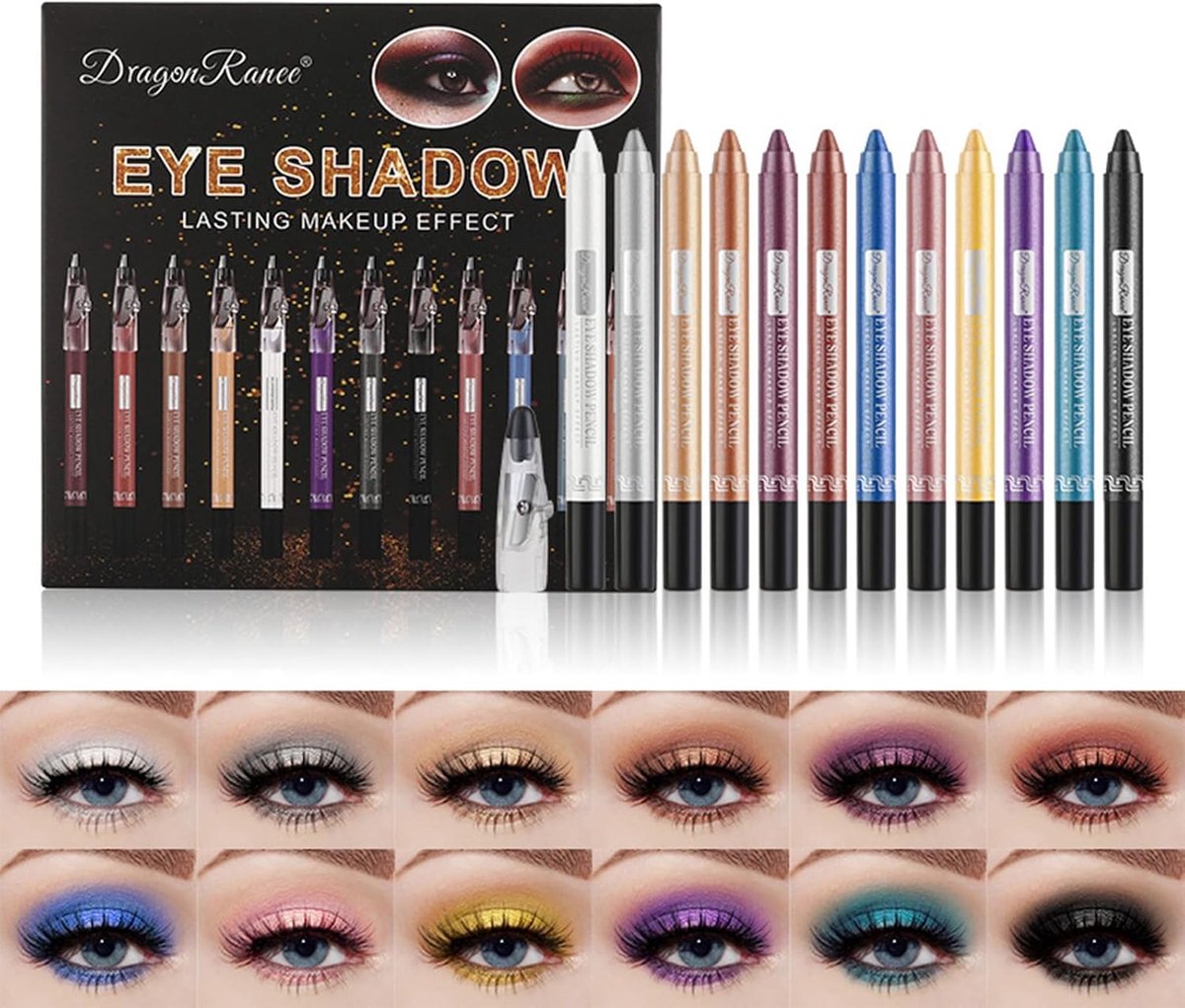 Oogschaduwsticks 12 stuks - Glitter potloden - Make-up aanbrengen - Inclusief puntenslijper - 12 kleuren - Parelmoer