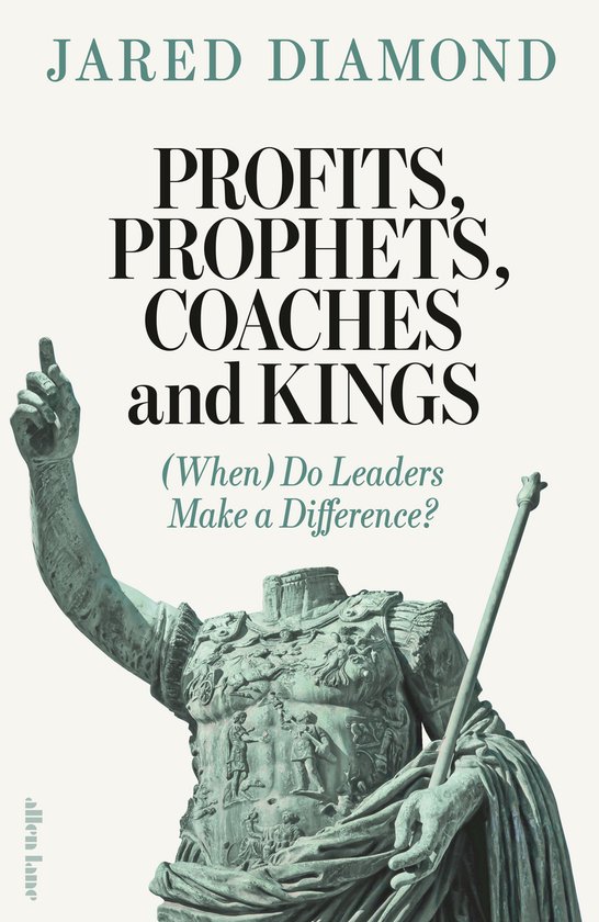 Boekomslag met een standbeeld van een man in harnas met een scepter. Titel: Profits, Prophets, Coaches and Kings.