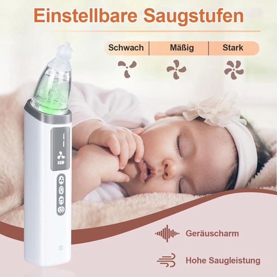 Elektrische neusaspirator voor baby's, verwijdert neusslijm, 3 zuigstanden, terugstroombeveiliging, LED-lampje, muziekweergavefunctie, 3 siliconen zuigkoppen, USB-aansluiting.