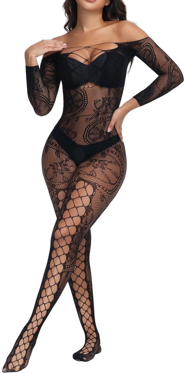 Dailygoods- Bodystocking Sexy - Kanten Visnet - Dames Jumpsuit - Lange Mouwen - Elastisch Ondergoed - Tweede Huid Effect - Lingerie
