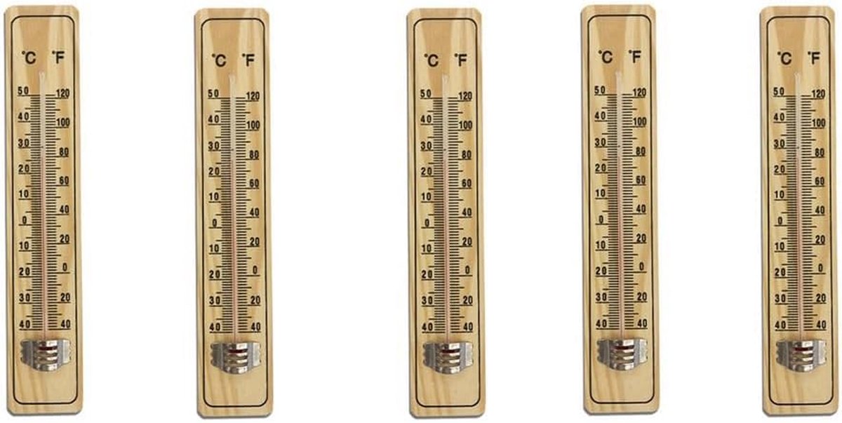 Houtthermometer Set - Glazen Binnenthermometer - Temperatuur Meten - Duidelijke Cijfers - 5 Delig - Zoals Afgebeeld