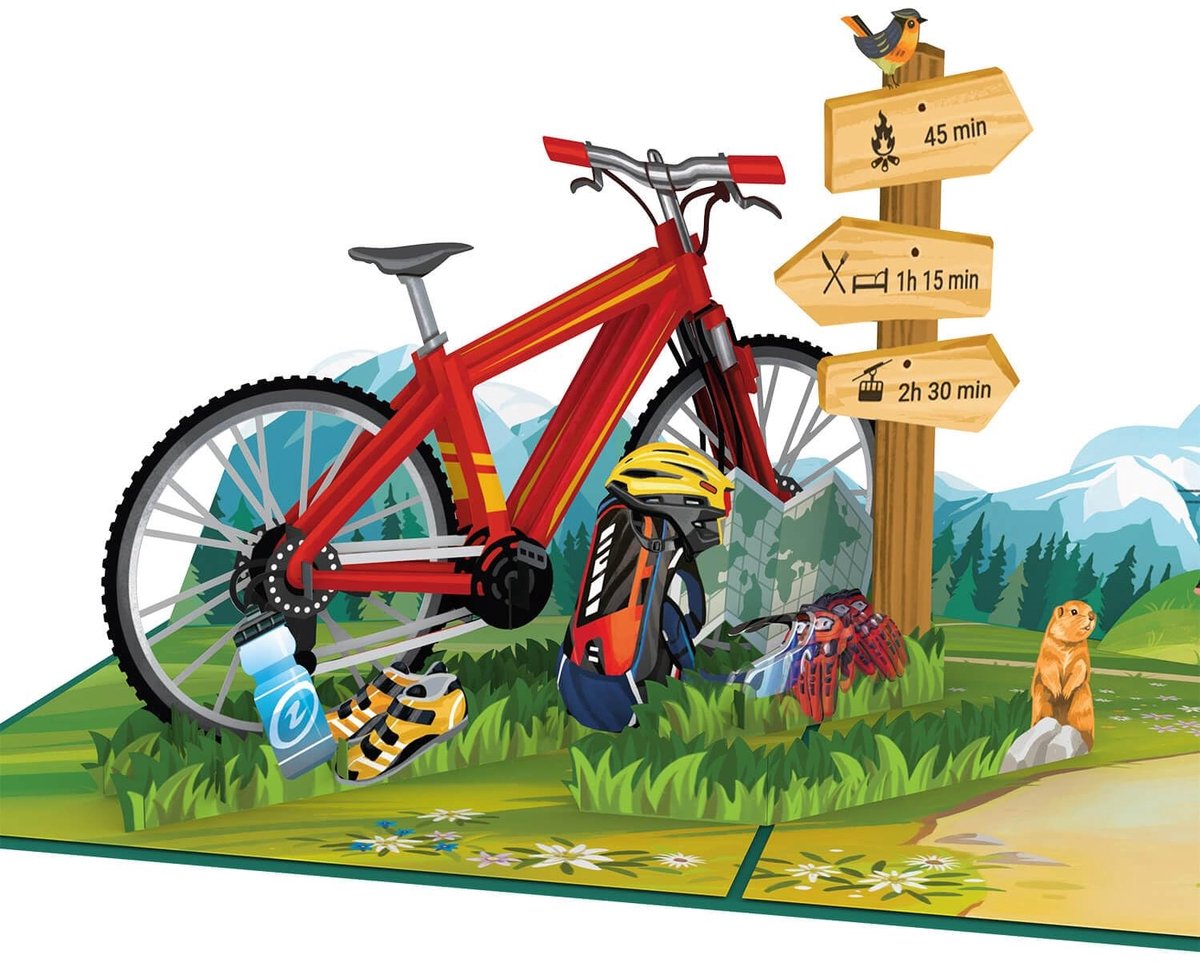 Dailygoods- Pop-up Kaart 3D - Verjaardagskaart Mountainbike - Reisvoucher Vakantie Bergen - Tegoedbon MTB-accessoires - Fiets Geldcadeau - Bijzondere Papierkunst