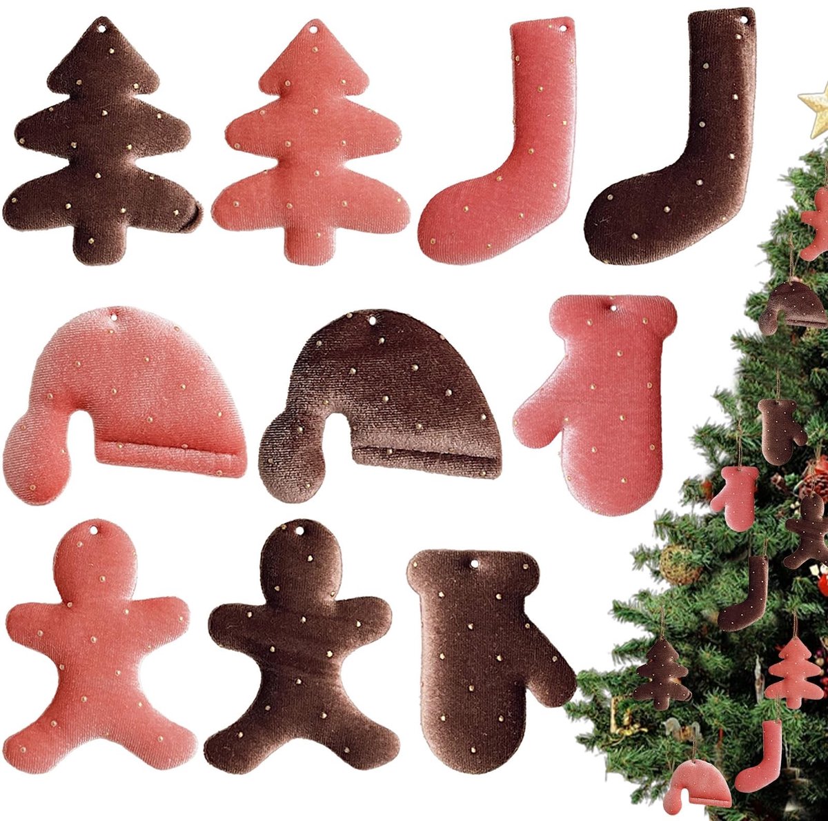 Dailygoods - 10P kerstboom ornamenten decoraties, rood & bruin 3,5 inch glanzend Xmas opknoping ornament voor auto, kerstboom|peperkoek Man|Kerstman Hoed Kous Handschoenen, Vakantie DIY Ambachten Xmas