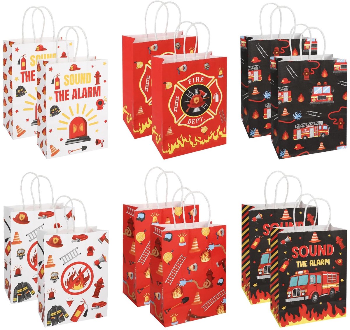 Dailygoods - 12 stuks brandweerauto cadeauzakjes - Papieren zakken voor kinderfeestjes