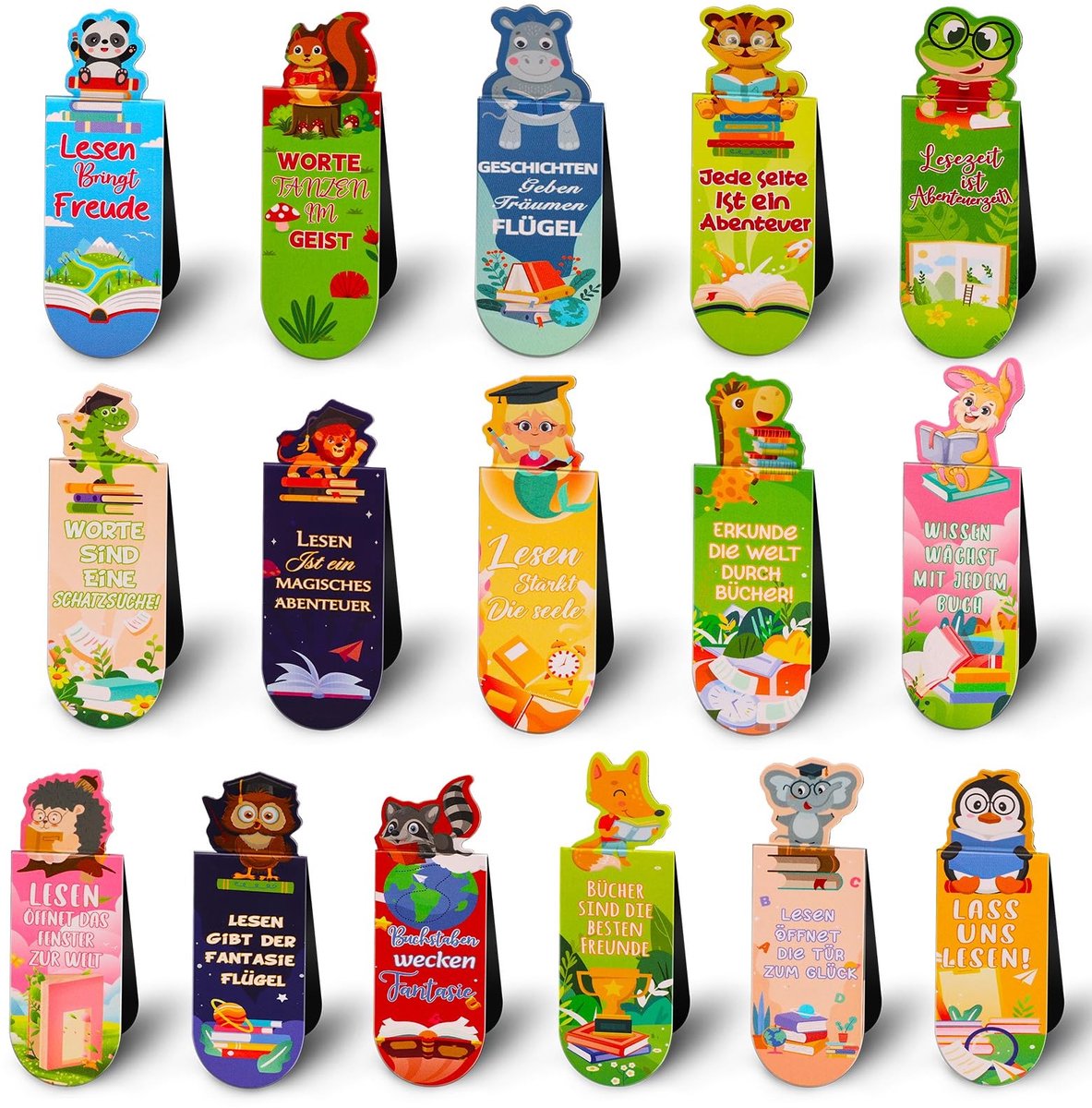 Dailygoods- Bladwijzers 16 stuks - Magnetische Bladwijzers - Dierenpatronen - Kindercadeaus - Schooltas Vulling - Veelkleurig Design - Boekenleggers