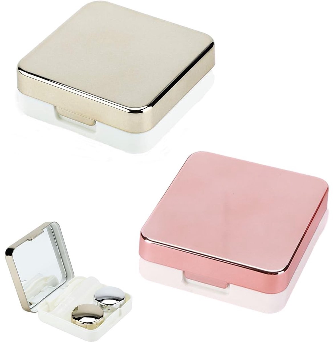Dailygoods- Reiscontactlenzenetui - 2 Mini Sets - Met Spiegel - Contactlenzenhouder - L/R Doppen - Roze/Zilver - Compact Formaat 6,3 x 6,3 x 2,2 cm - Lenzenetui