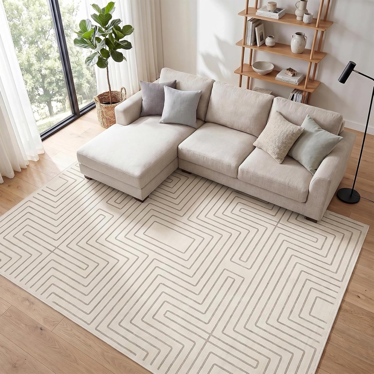 Tribesigns The Carpet - Laagpolig wasbaar Fluffy en Zacht - Woonkamer Tapijt - Antislip onderkant - Modern Geometrisch Design – Beige – 200 x 300 cm