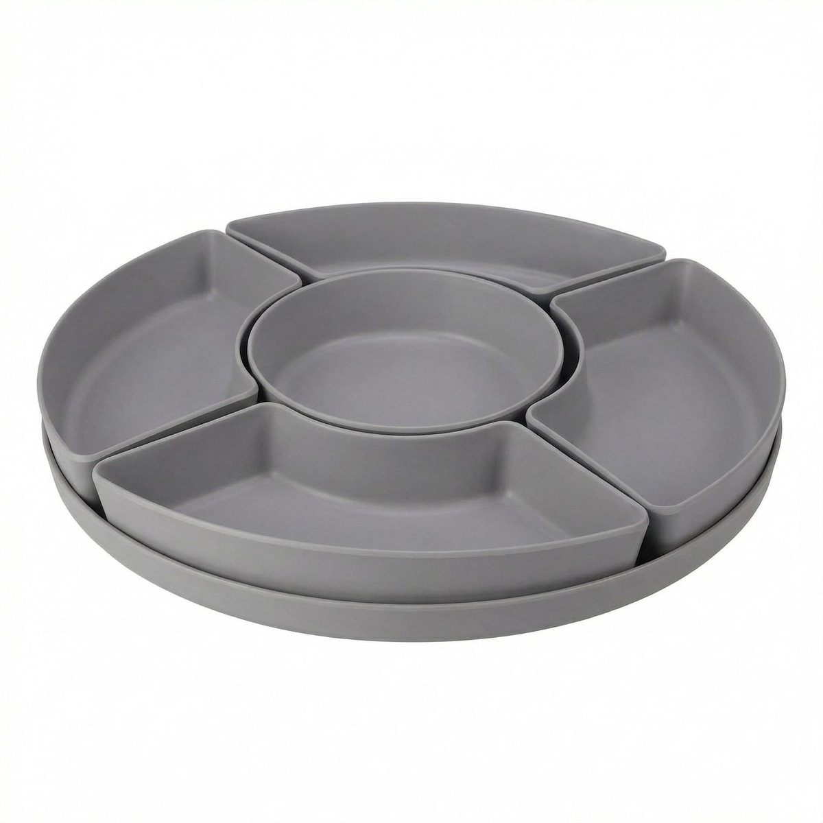 Dailygoods- Serveerschaal Ronde 6-delig - Snackschaal met vakjes - Dipset voor tafel - Snack en dip set - Grijs met matte afwerking - Flexibel en praktisch - Snackset