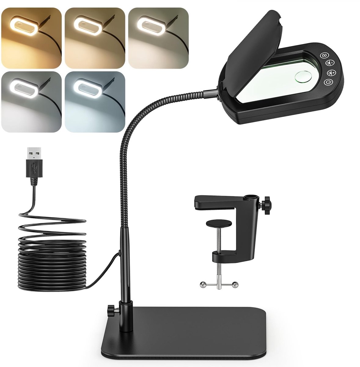 Dailygoods - Zwanenhals vergrootglas met licht en standaard, 15 x 10 x vergrootglas en licht met stofbescherming, vergrootlamp met 5 kleurmodi, traploos dimbaar, vergrootlamp met touch-knop voor hobby