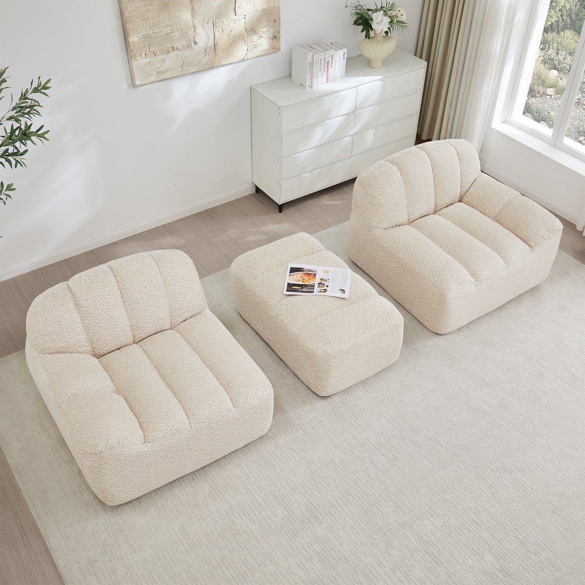 DESMIU Hoekbank 2-Zits 210 Cm - Modulair L-Vormig Met Ottoman - Voor Woonkamer En Appartement - Granular Fleece - Beige Wit