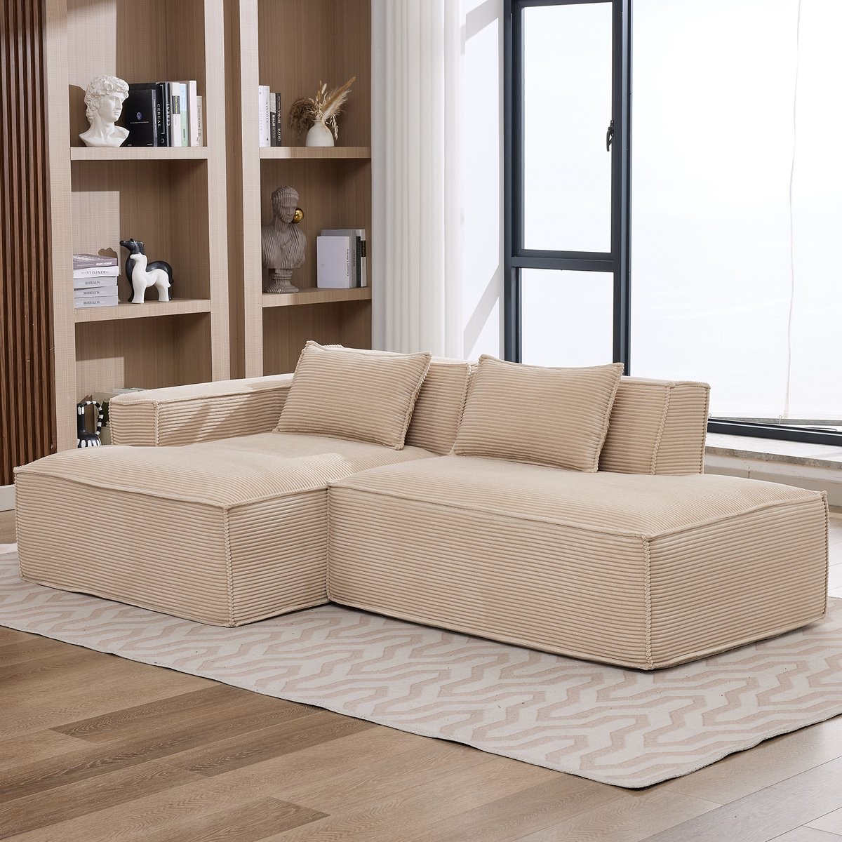 DESMIU Hoekbank 235 x 129 x 70 Cm - Elastisch Zitkussen Met Veren En Spons - Voor Kleine Woonkamer En Kantoor - Polyester Kaki