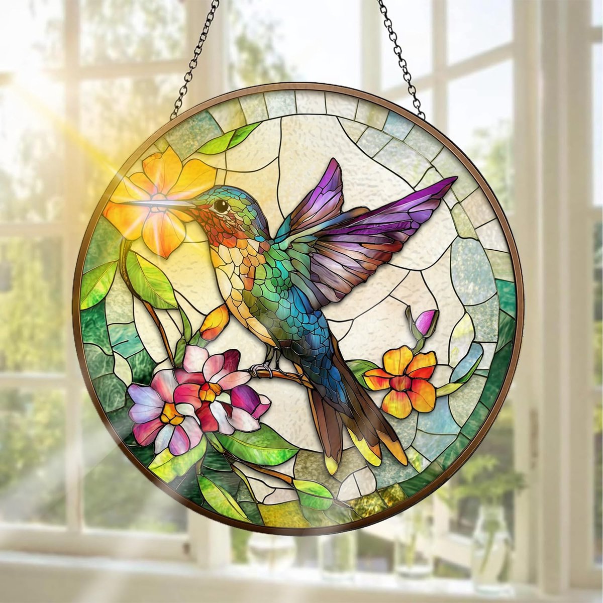 Dailygoods- Raamdecoratie Glas-in-Lood - Handgemaakte Raamhanger - 20 x 20 cm - Decoratie Voor Binnen/Buiten - Uniek Cadeau - Hoogwaardig Gekleurd Glas