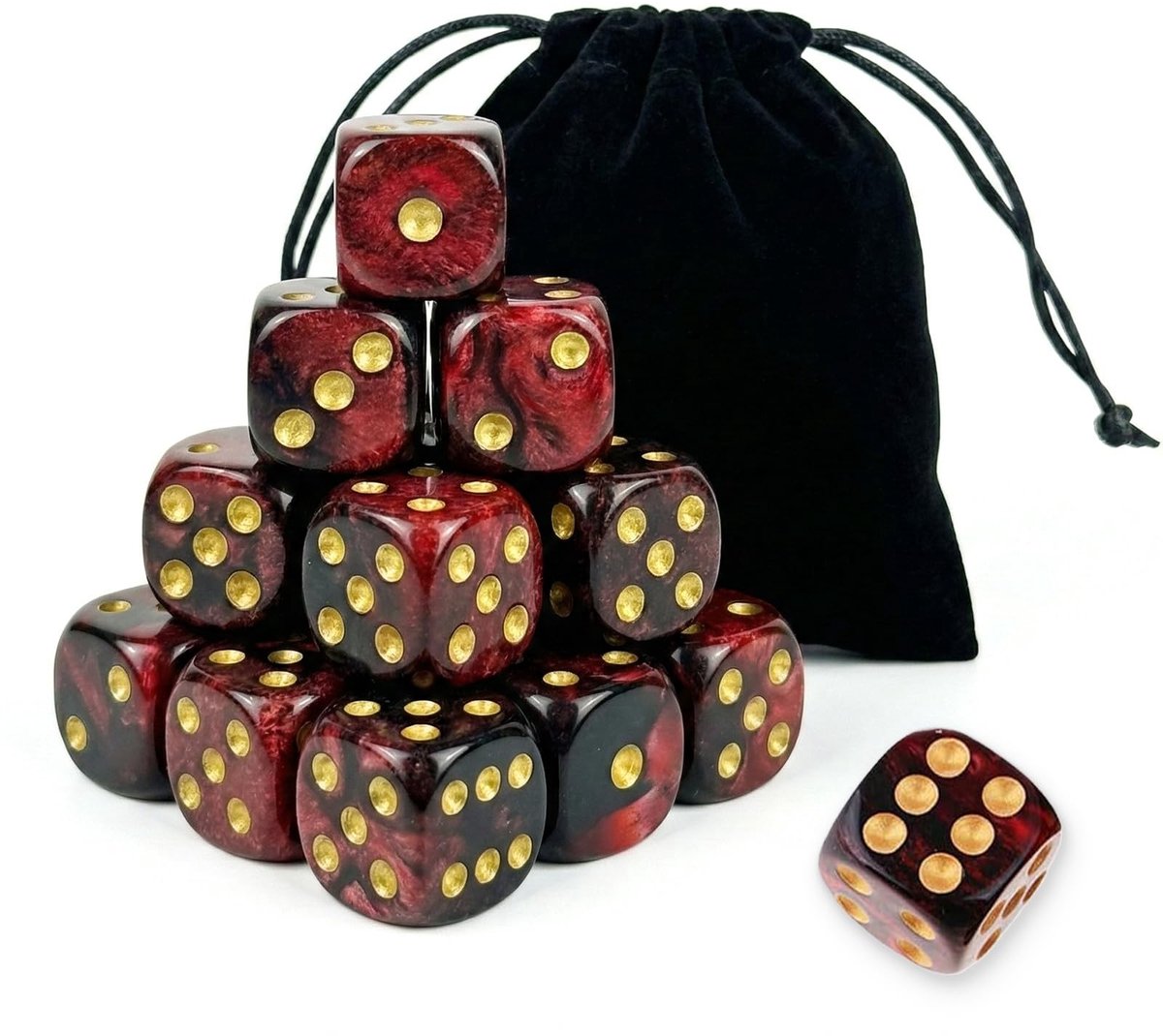 Dailygoods- Speeldobbelstenen 12-delig - 16 mm - Rode/Zwarte Dobbelstenen - Gouden Cijfers - Fluwelen Zakje - Afgeronde Hoeken