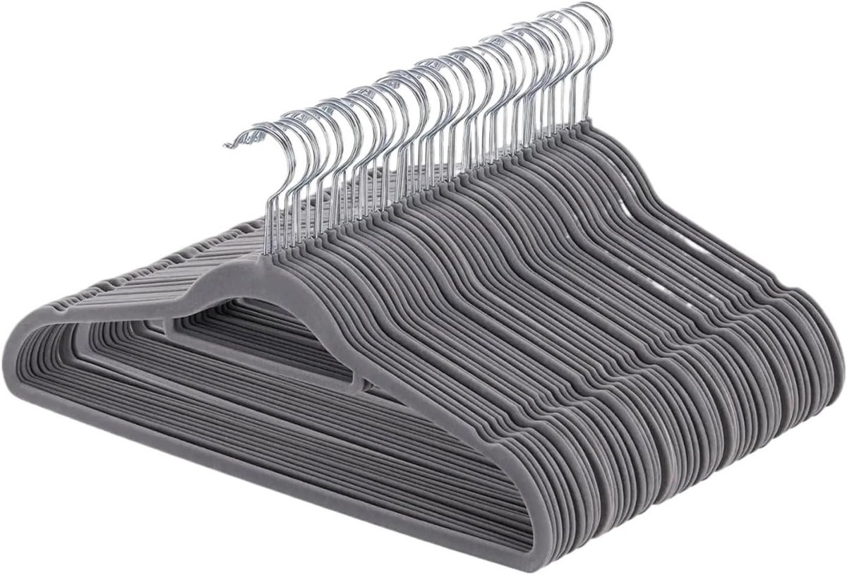 Set fluwelen hangers - Antislip kledinghangers - Kast opruimen - Ruimtebesparend ontwerp - 50 stuks - Grijs
