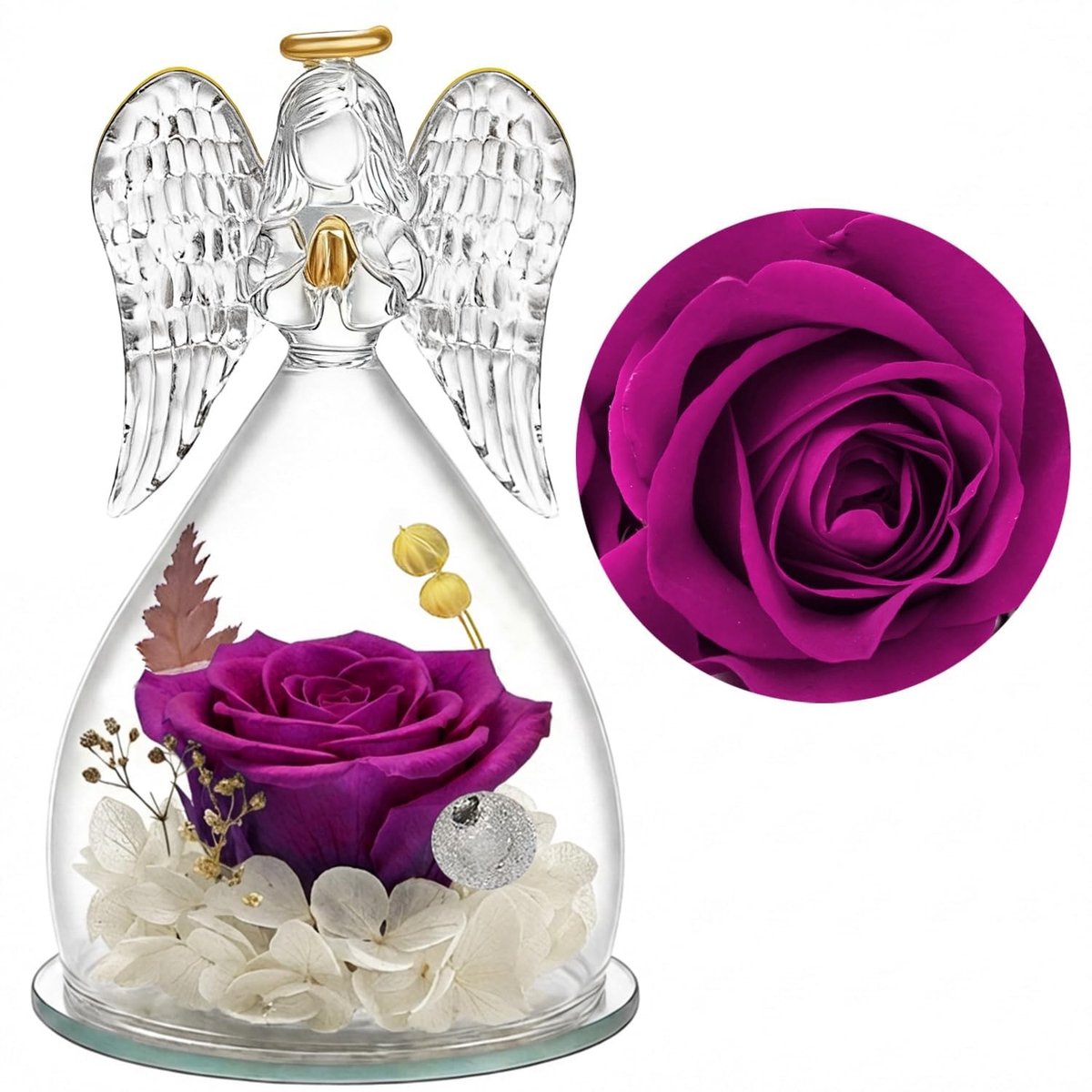 Dailygoods - Eeuwige Roos in Glazen Engel Stolp, Geconserveerde Roos Handgemaakt, Cadeau voor Vrouwen, Moederdag, Verjaardag voor Moeder, Oma, Vriendin (Paars)