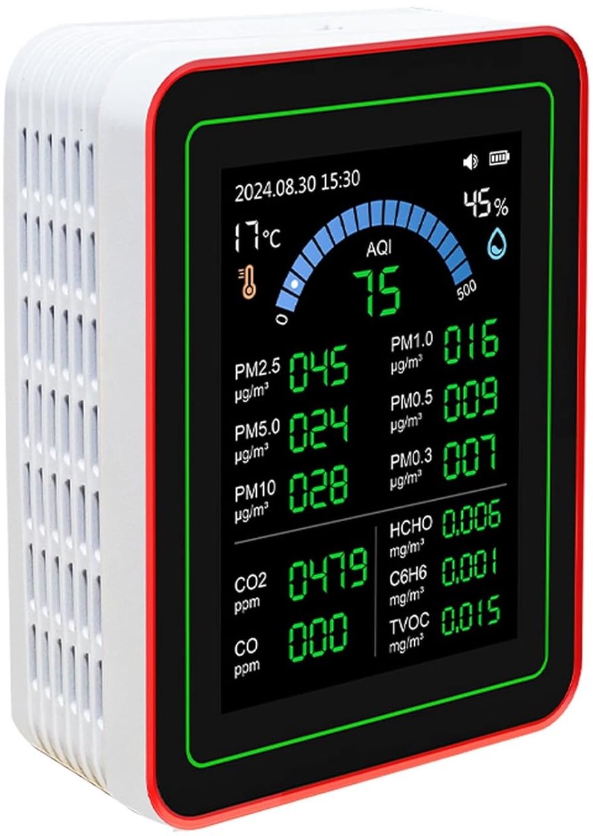 Luchtkwaliteitsmeter - Binnenlucht Monitor - Gezonde Lucht - 18-in-1 Functies - 2.8 Inch HD Display - Wit