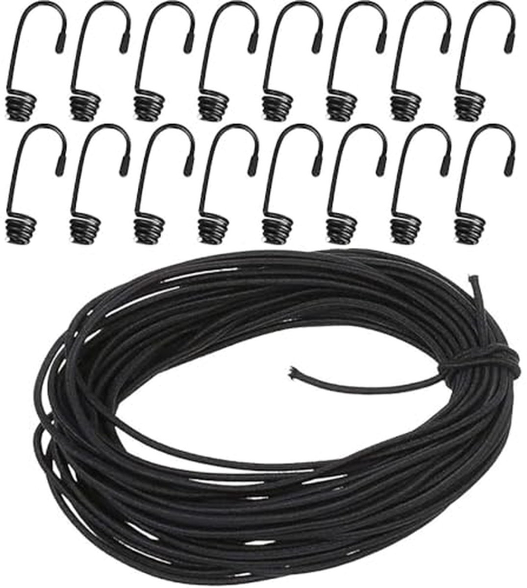 Rubberen koord - Spanband touw - Vastzetten lading - Met 16 haken - 6 mm x 15 m - Zwart