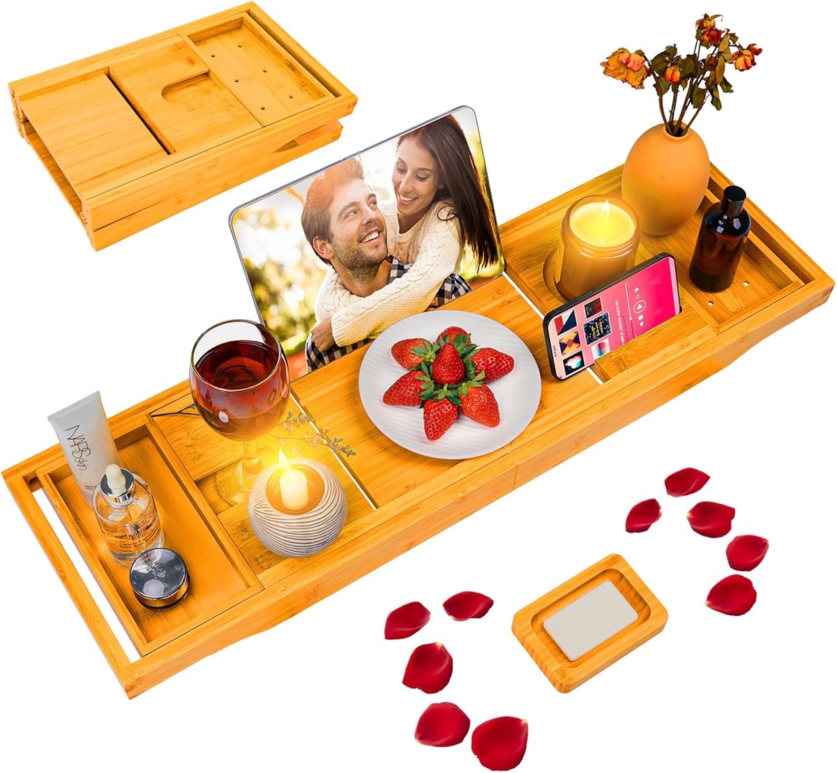 Opvouwbare badkuip tray - Badrek bamboe - Ontspannen in bad - Uitschuifbaar ontwerp - Tot 107 cm - Beige