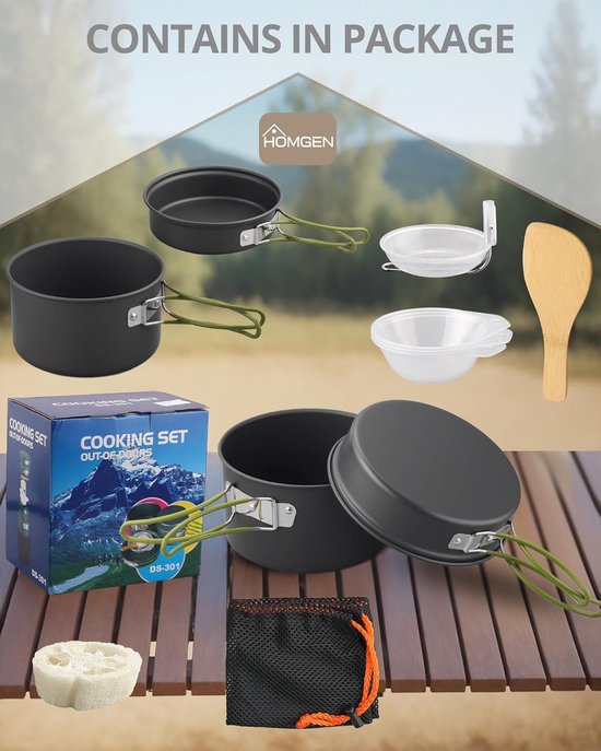 Dailygoods- Kookset Lichtgewicht - Camping Kookgerei Set - Camping Potten/Pannen Set - Draagbare Kookset - Koken voor 2-3 Personen - Aluminium Kookgerei — afbeelding 2