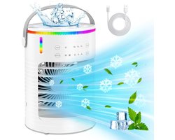 Aircooler met water of ijs-aircooler met koelelementen- 3 snelheden en verdampingskoeling - LED-verlichting in 7 kleuren - Timer van 2-8 uur - met luchtbevochtiger - voor gebruik in de slaapkamer of op het bureau - wit - 13x13x23 cm