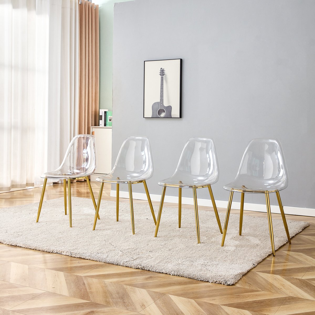 Clruro Eetkamerstoel Set - 4 Stuks - Transparant Design - Antislip - Kunststof + Metaal - Goud