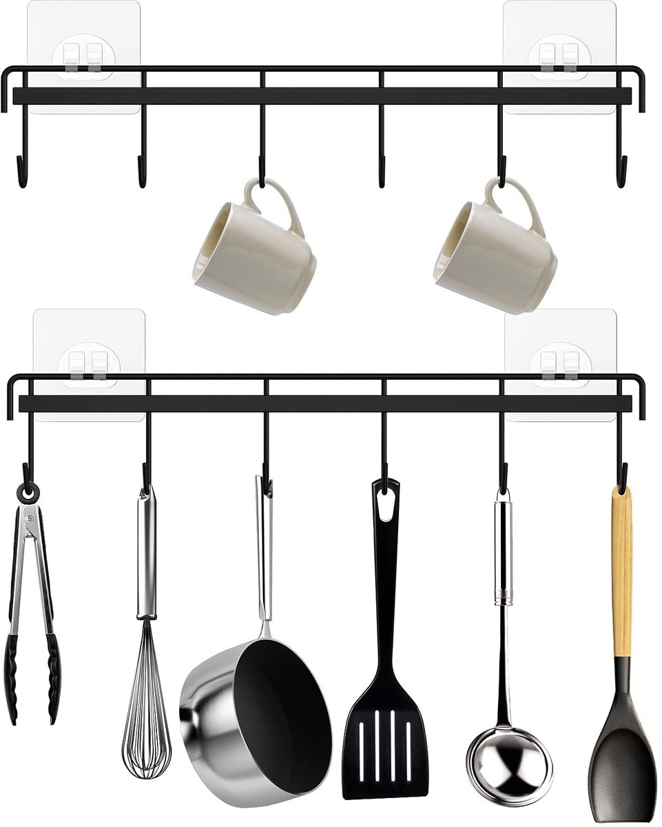 Dailygoods- Keukengereedschaphaken 2-pack - Zelfklevende Ophanghaken - Ruimtebesparend - Zwart - Geschikt voor Badkamer/Keuken - Laadvermogen 2 kg - Wandhaken