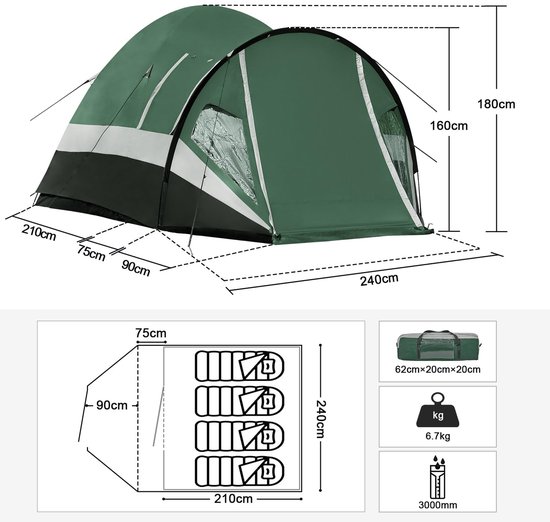 Dailygoods- Koepeltent 4 Personen - XXL met Veranda - Waterdicht 3000 mm - Hoge Stahoogte 160 cm - Ventilatie - Geschikt voor Fietsen/Motoren - Kampeertent van Dailygoods — afbeelding 2