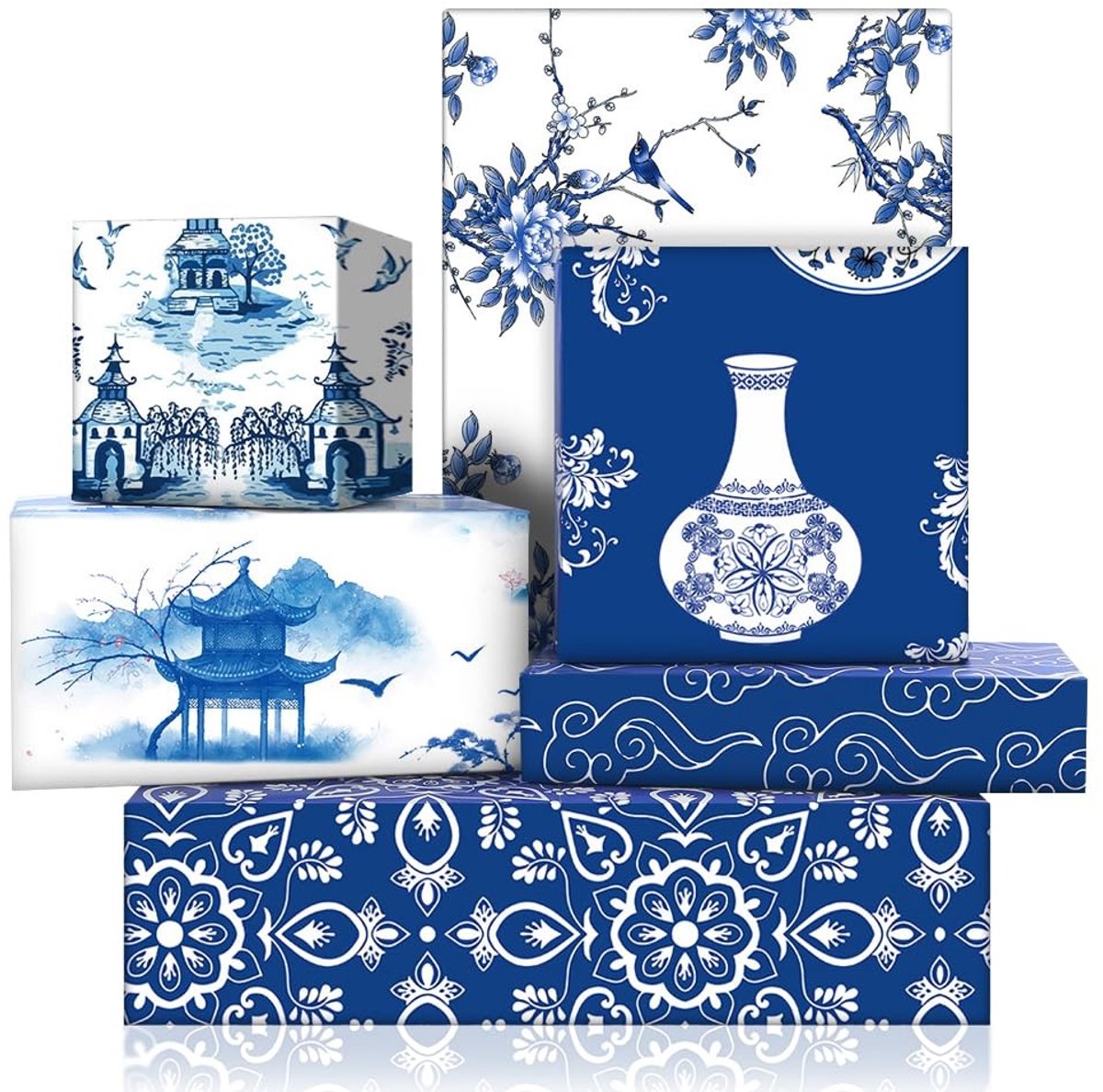 Dailygoods- Inpakpapier 6 Vellen - Blauw/Wit Porselein - Chinese Elementen - Kerstmis/Babyshower - Verjaardagscadeaus - Hoogwaardige Kwaliteit - Cadeaupapier