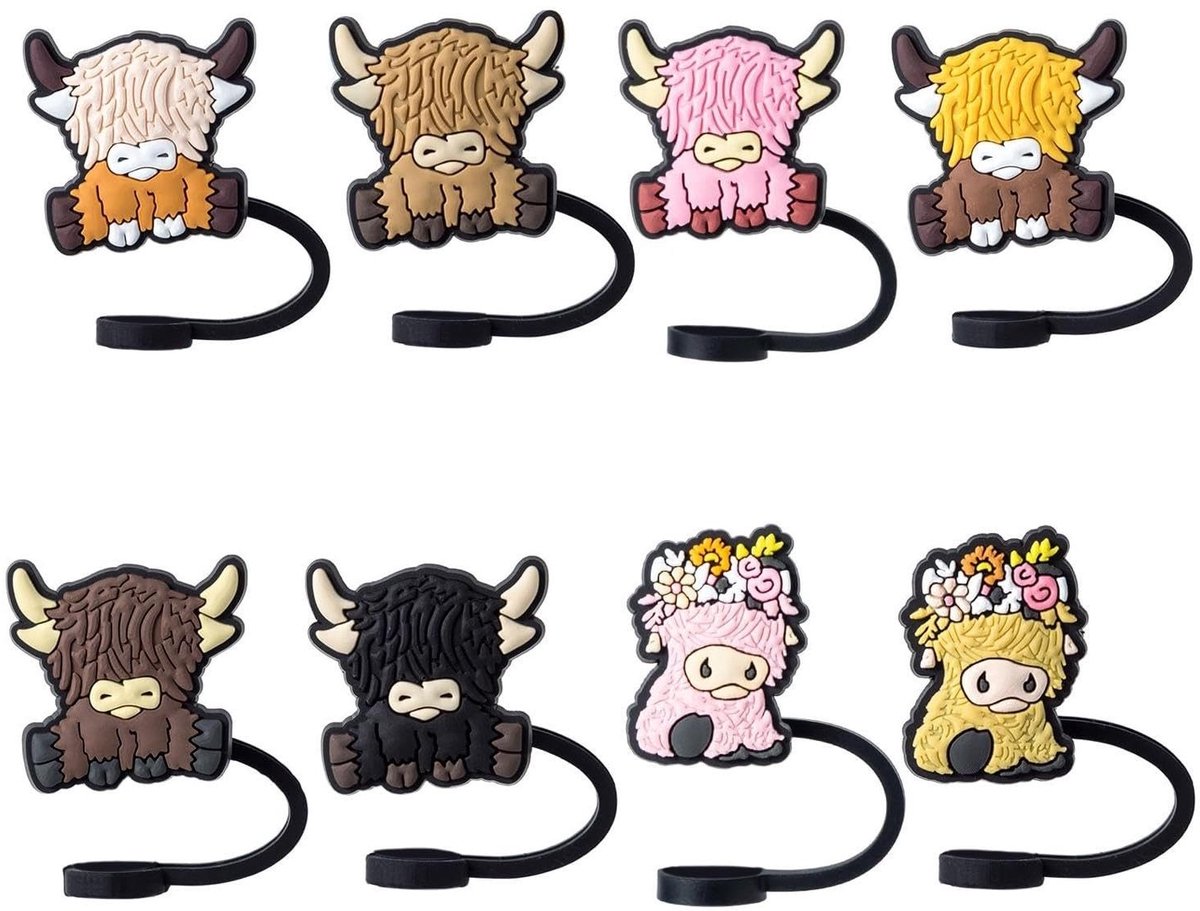 Dailygoods- Stroopdop 8 Stuks - Cartoonkalf - Siliconen - Stofdicht - Duurzaam - Geschikt voor Rietjes tot 1,5 cm - Rietjesdop
