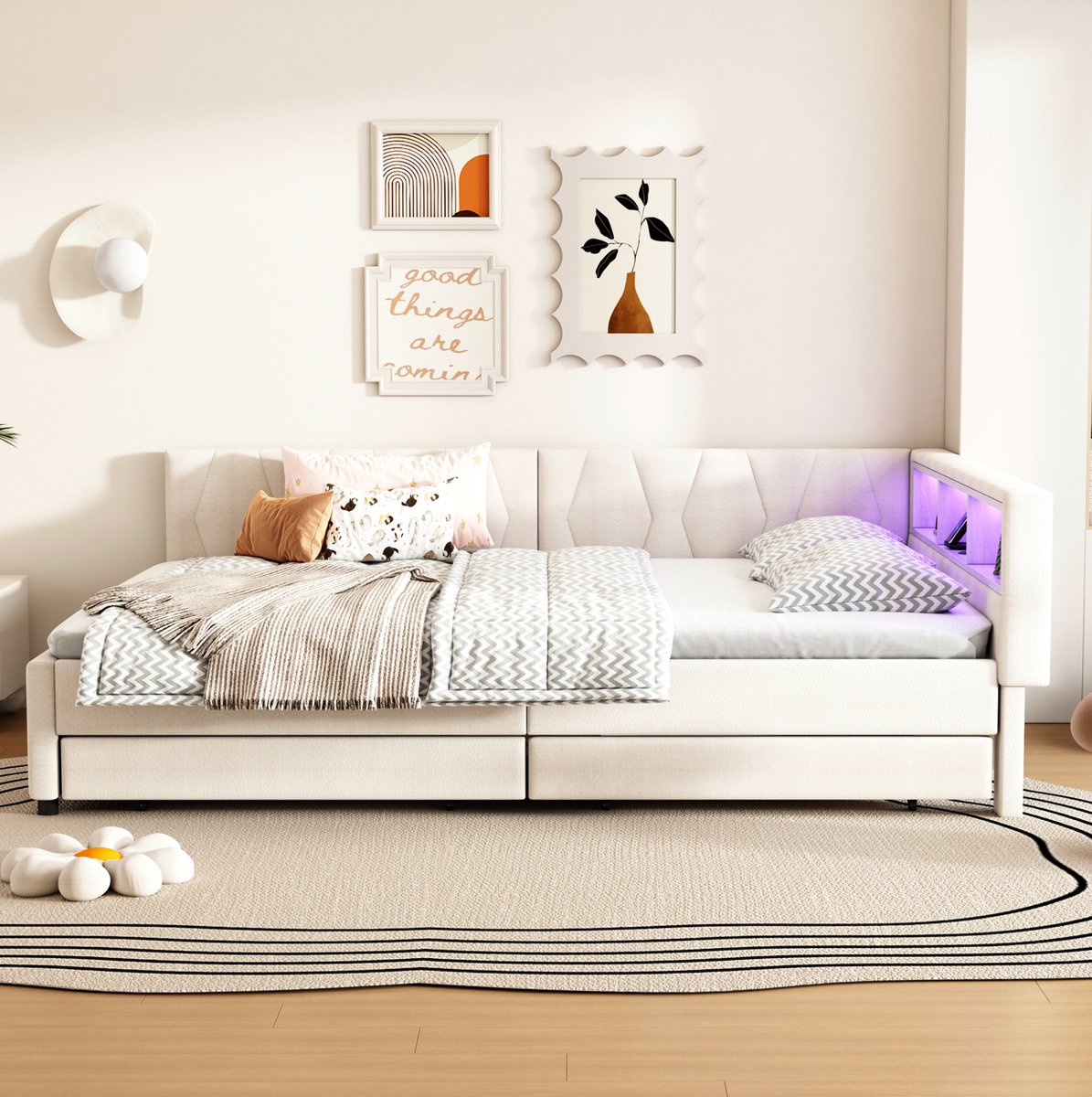MEUNIQ slaapbank 140x200 cm met 2 lades, opbergvakken, LED-verlichting, USB en Type-C, lattenbodem, zonder matras, beige, voor slaapkamer