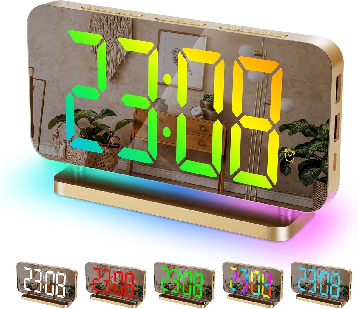 Digitale Wekker - Spiegelklok - Bedside Wake-up - 11 Kleuren Display - 7.4 Inch - Zwart