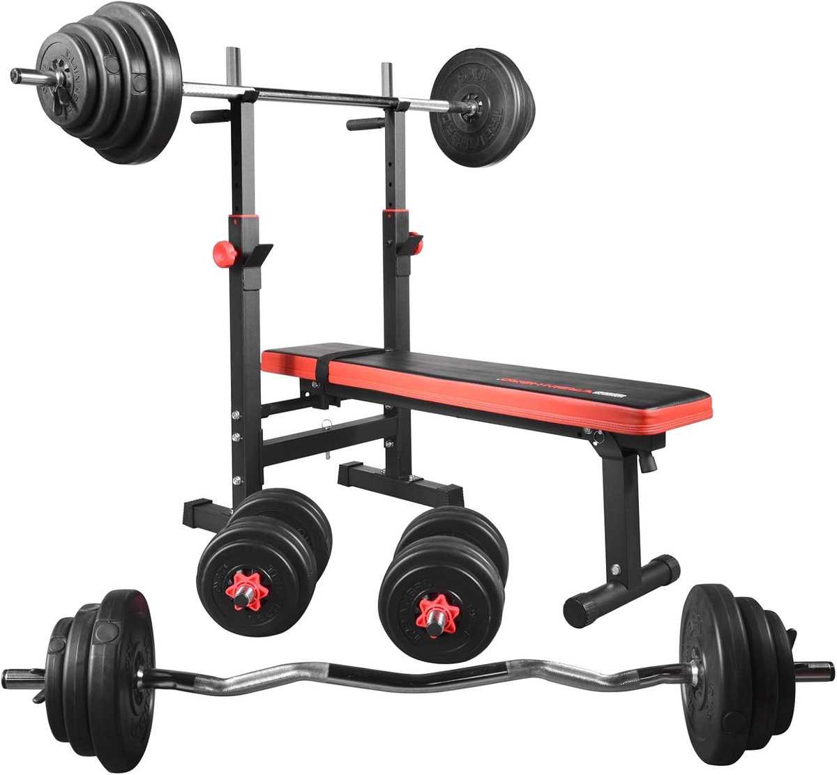Kracht Training Bank - Fitness Bank - Thuis Sporten - Inclusief Gewichtset - 250 kg Belasting - Zwart Rood