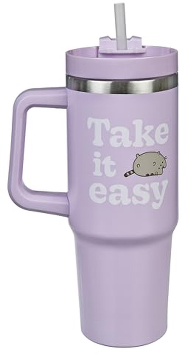 Thermosbeker met rietje - Drinkbeker RVS - Dranken meenemen - Met ergonomische handgreep - 880 ml inhoud - Paars