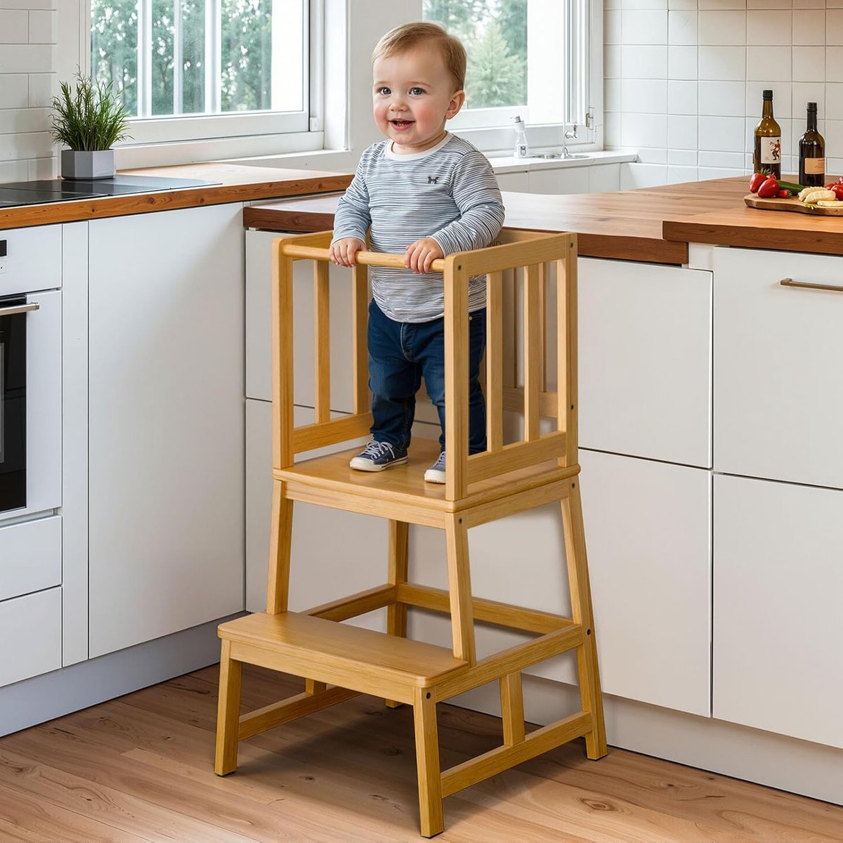 Leertoren Kinderen - Keukentoren Montessori - Onafhankelijk Leren - Stabiele A-vorm - 45.3 cm Diep - Natuurlijk Bamboe