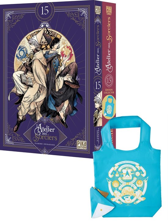 Collector's editie van "L'Atelier des Sorciers" deel 15 met een blauwe tas met opdruk, door Kamome Shirahama.