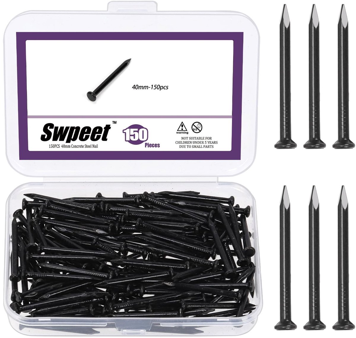 Dailygoods - Swpeet 150 stuks 1-3/5 inch zwarte hardware nagels assortiment kit, stalen spijker, 3 x 40 mm verzinkte nagels, kleine spijkers, afwerkspijkers, wandnagels, houten nagels, nagels voor betonsteen