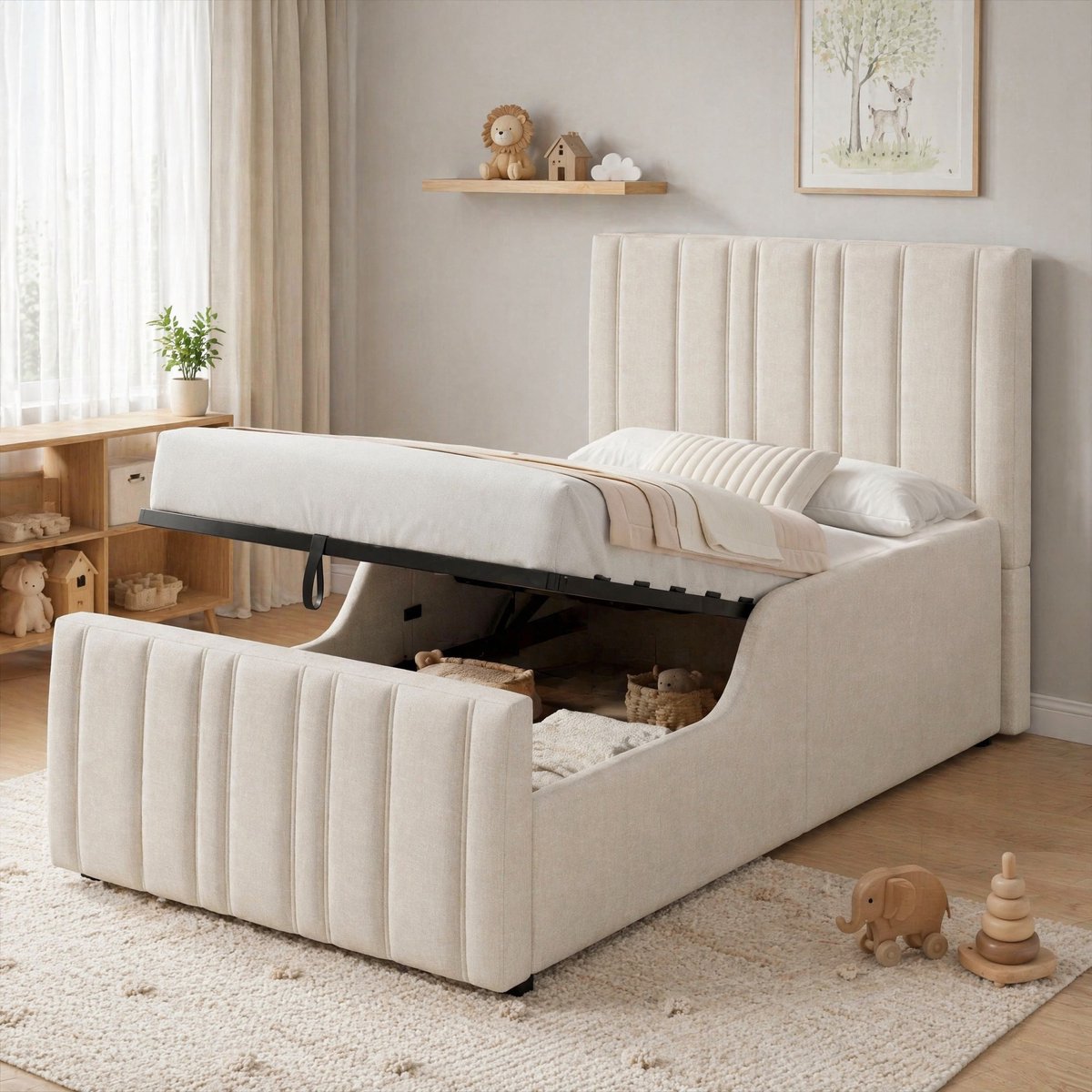 HAUSS SPOLE Kinderbed 90x200 cm - Gestoffeerd Bed Met Opbergruimte En Lattenbodem - Zonder Matras - Linnen - Beige