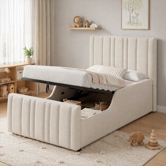 HAUSS SPOLE Kinderbed 90x200 cm - Gestoffeerd Bed Met Opbergruimte En Lattenbodem - Zonder Matras - Linnen - Beige