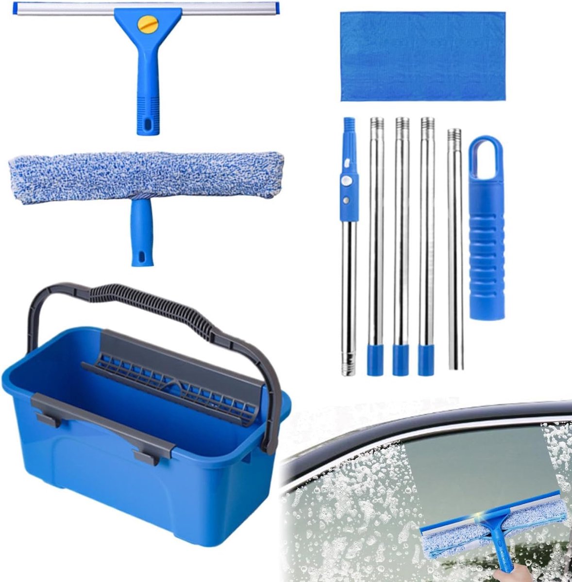 Raamreinigingsset - Glasbewassing gereedschap - Streeploos ramen wassen - Uitschuifbare steel - 3 Gallon emmer - Meerkleurig