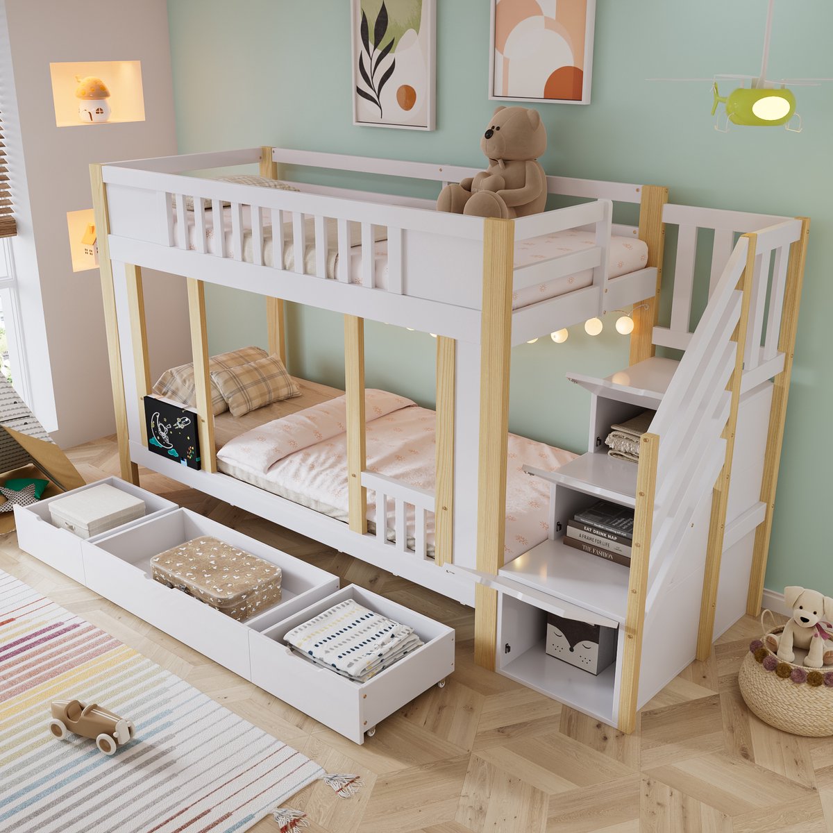 MEUNIQ Stapelbed 90x200 cm voor kinderkamer met trapkast, 3 lades op wielen, krijtbord en lattenbodems, kinderbed in wit en naturel